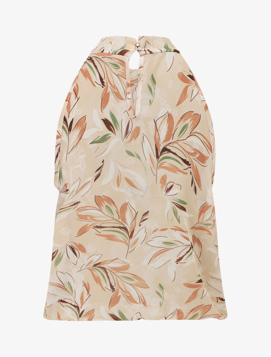 Top sans manches imprimé feuille à col américain - Beige - 2