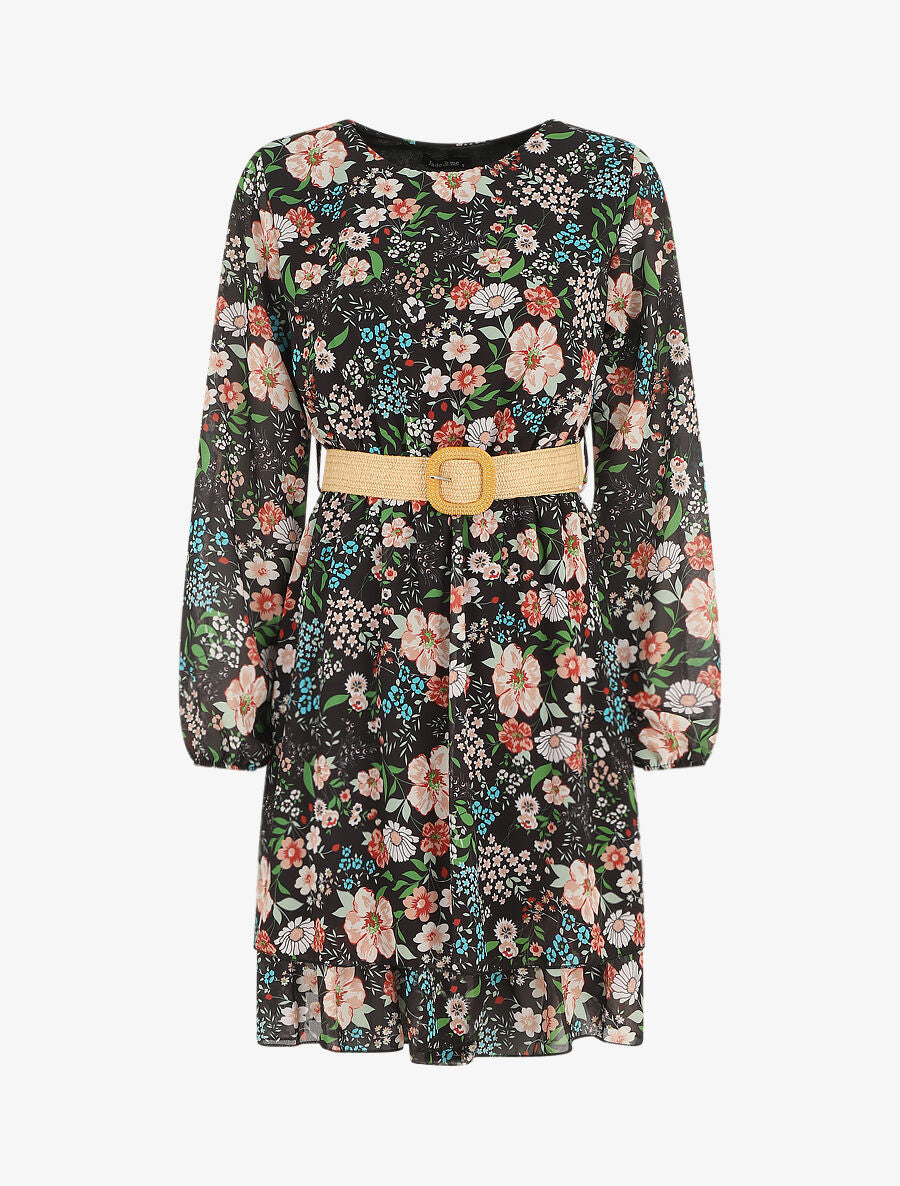 Robe imprimé fleuri à taille élastiquée - Noir - 1