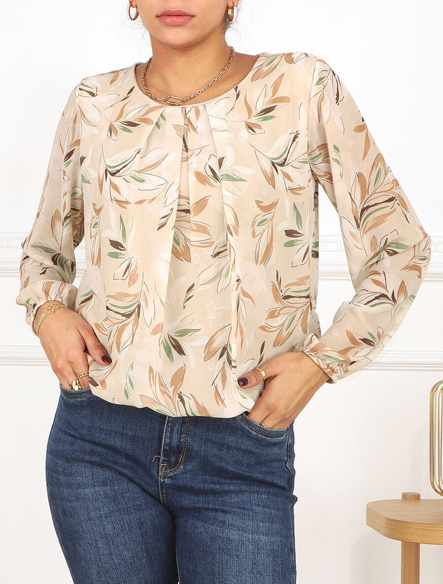 Blouse en voile coupe boule imprimé feuilles - Beige - 4