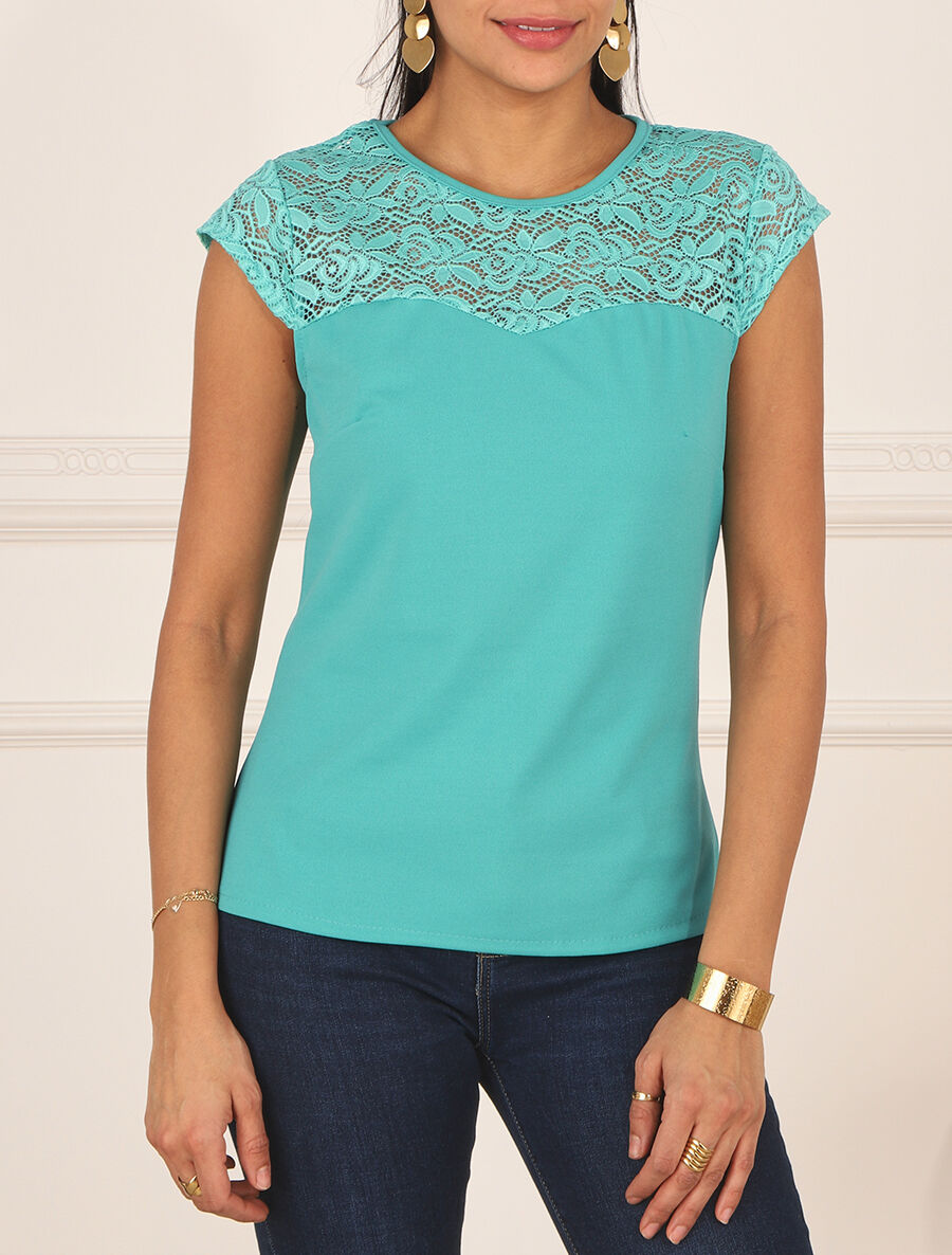 Top uni coupe droite épaules en dentelle - Turquoise - 4