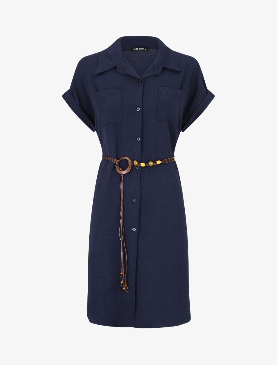 Robe chemise unie à manches courtes - Marine - 1