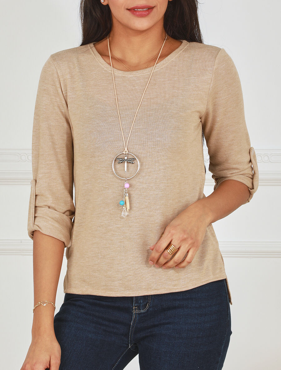 Pull fin uni à manches retrousssables - Camel - 4
