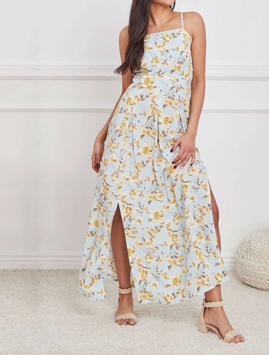 Robe longue empire fendue à imprimé roses - Bleu ciel - 4