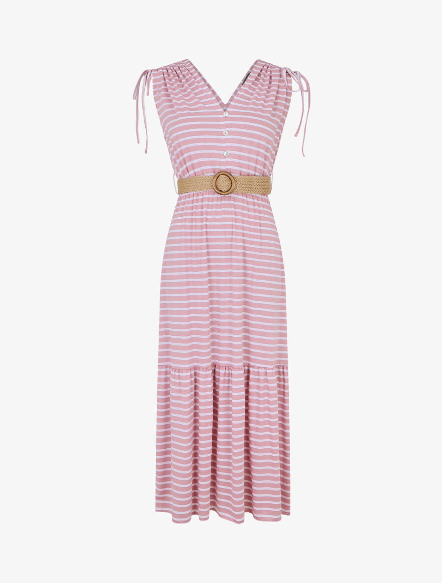 Robe imprimé rayures à taille élastiquée - Rose - 1