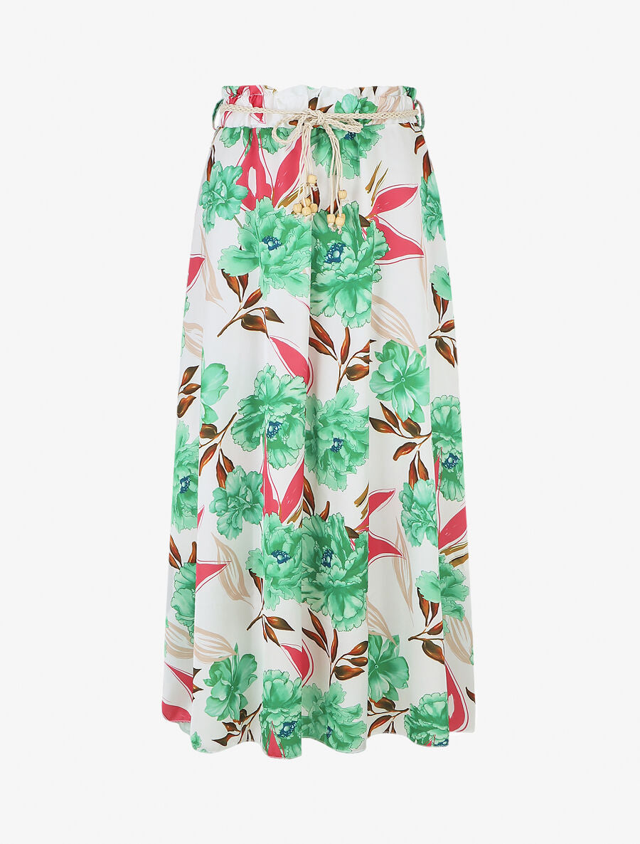 Jupe longue élastiquée imprimé fleurs - Vert - 4