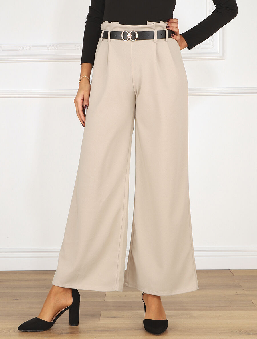 Pantalon fluide ceinturée - Beige - 4