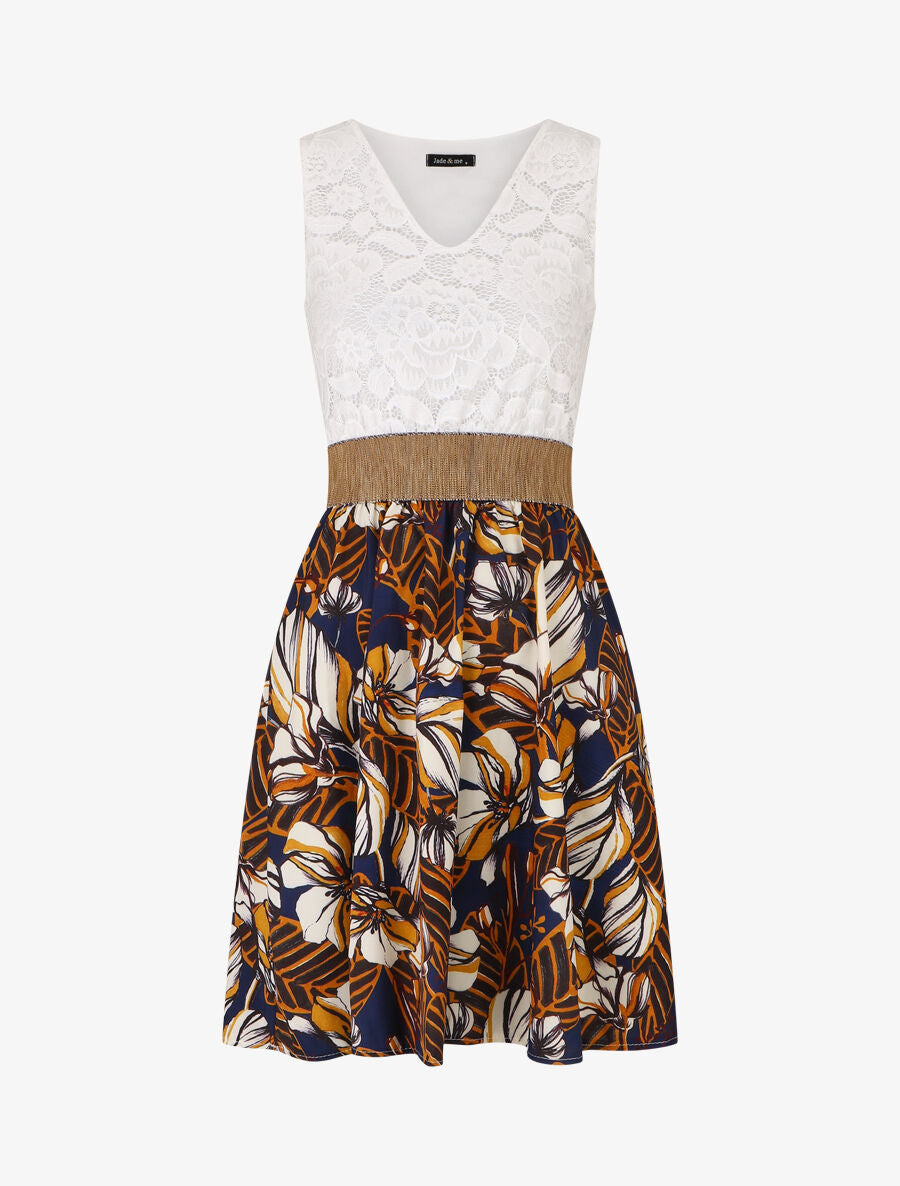 Robe imprimé fleuri à bustier en dentelle - Marine - 5