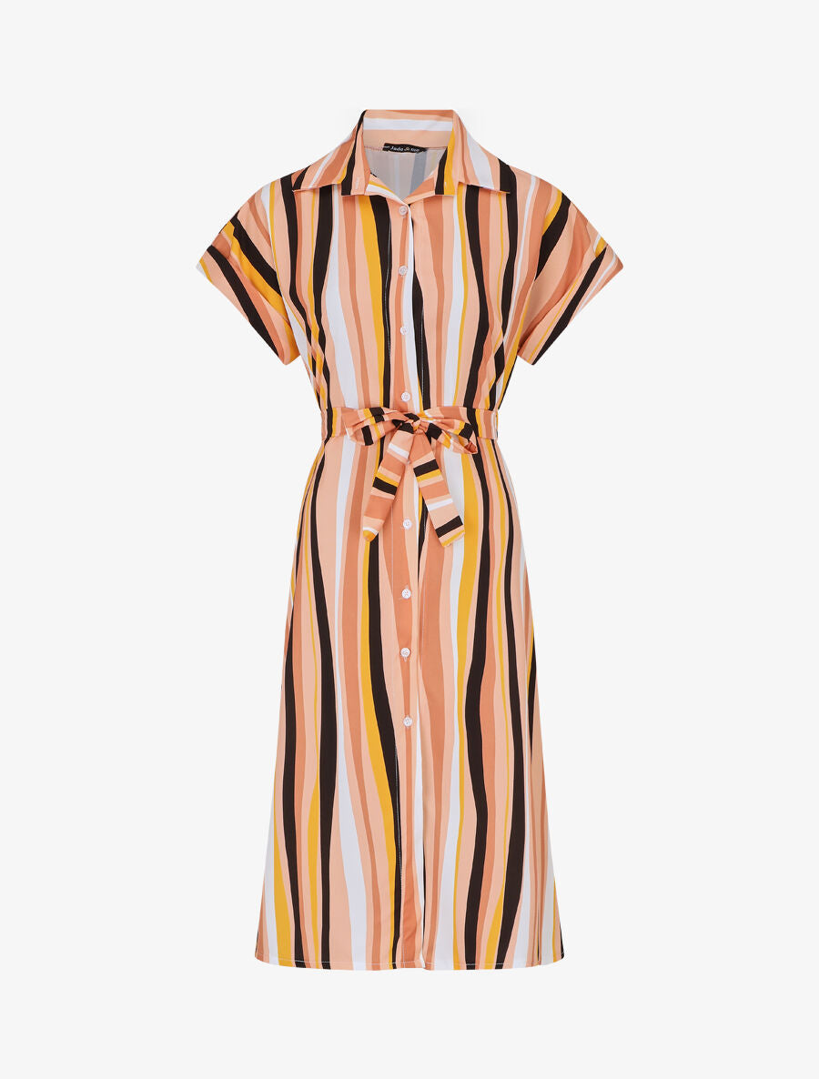 Robe chemise rayée longue manches courtes - Rose saumon - 1