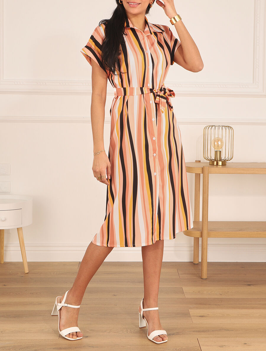 Robe chemise rayée longue manches courtes - Rose saumon - 4