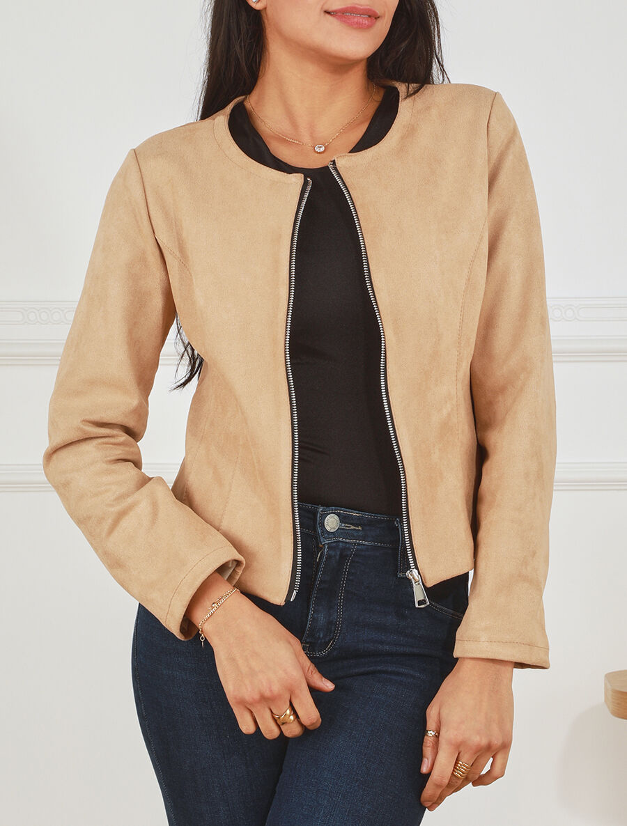 Veste zippée en suédine - Beige - 4