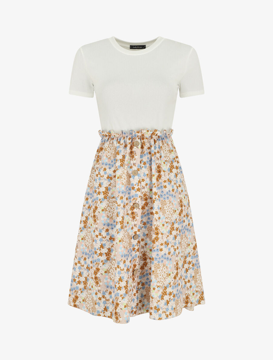 Robe bi-matière manches courtes imprimé fleuri - Beige/blanc - 5