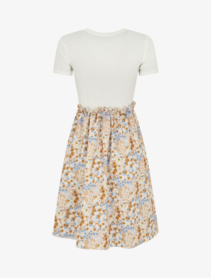 Robe bi-matière manches courtes imprimé fleuri - Beige/blanc - 2