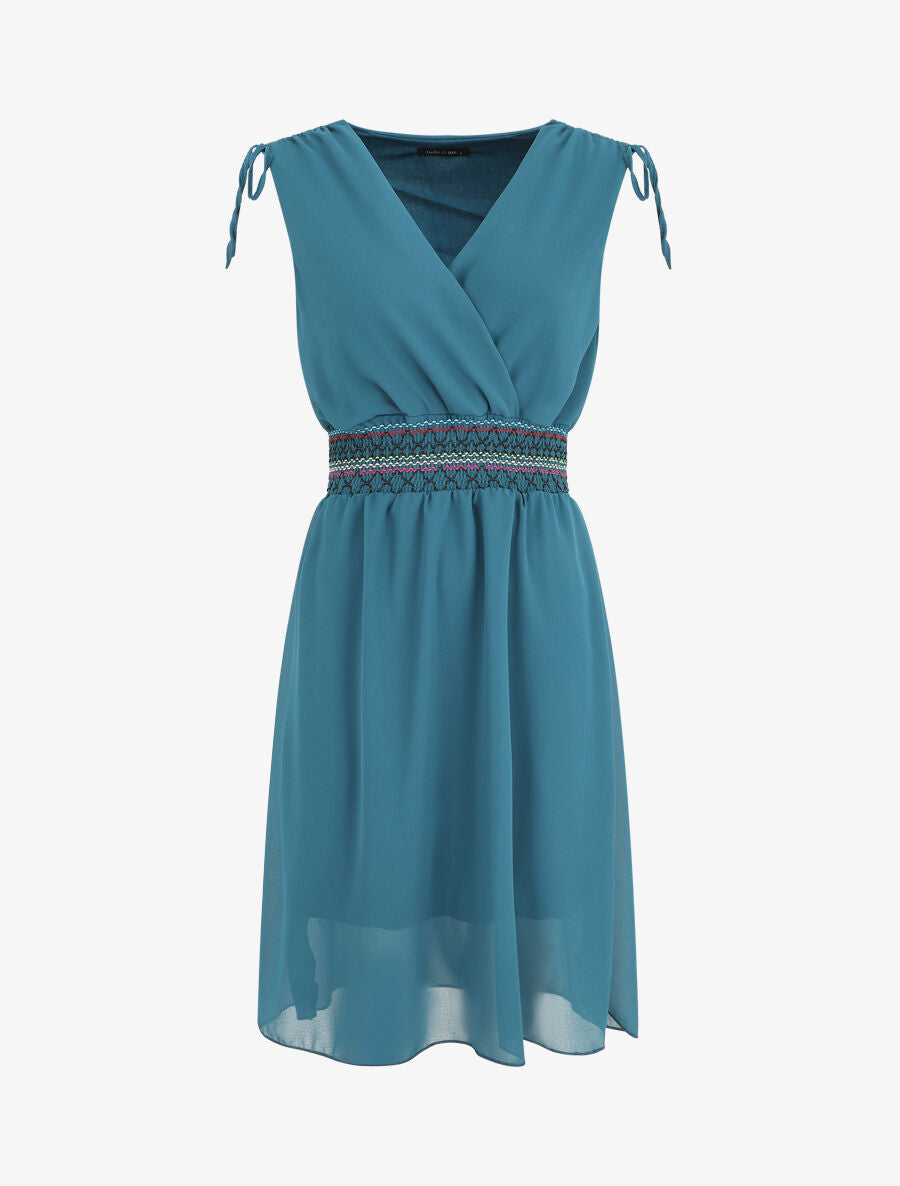 Robe mi-longue sans manches taille élastiquée stylisée - Bleu canard - 1