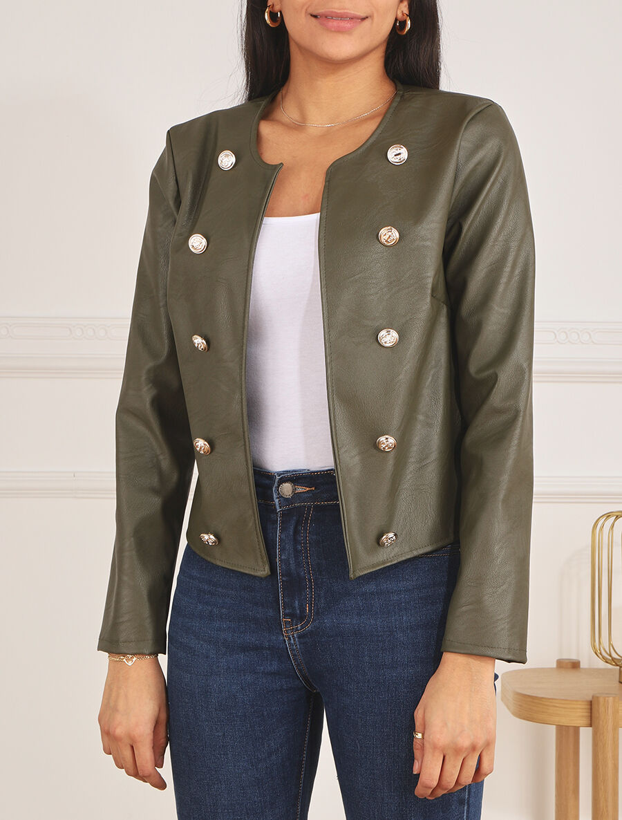 Veste droite boutonnée en simili - Kaki - 4
