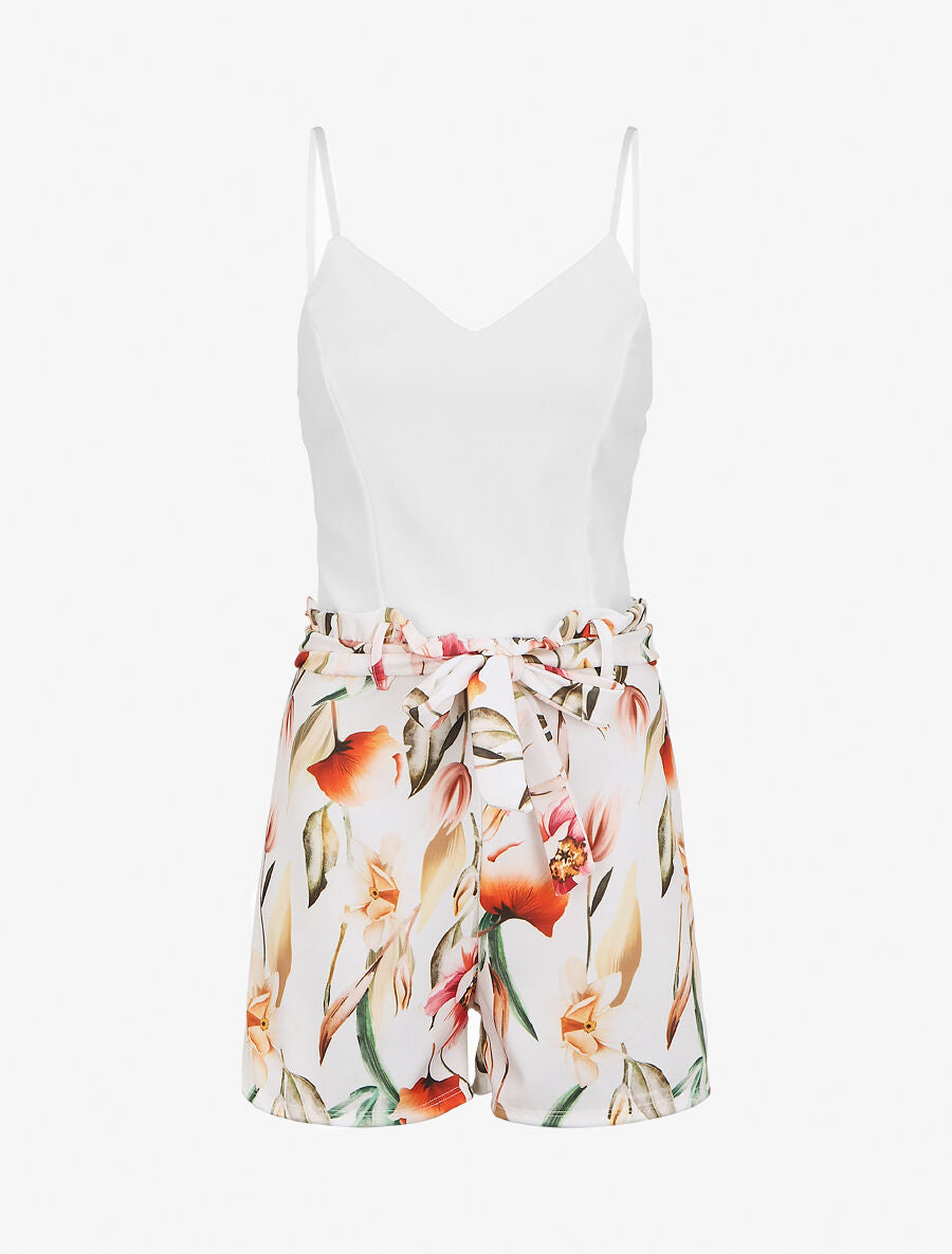 Combishort imprimé floral ceinturée - Blanc - 5