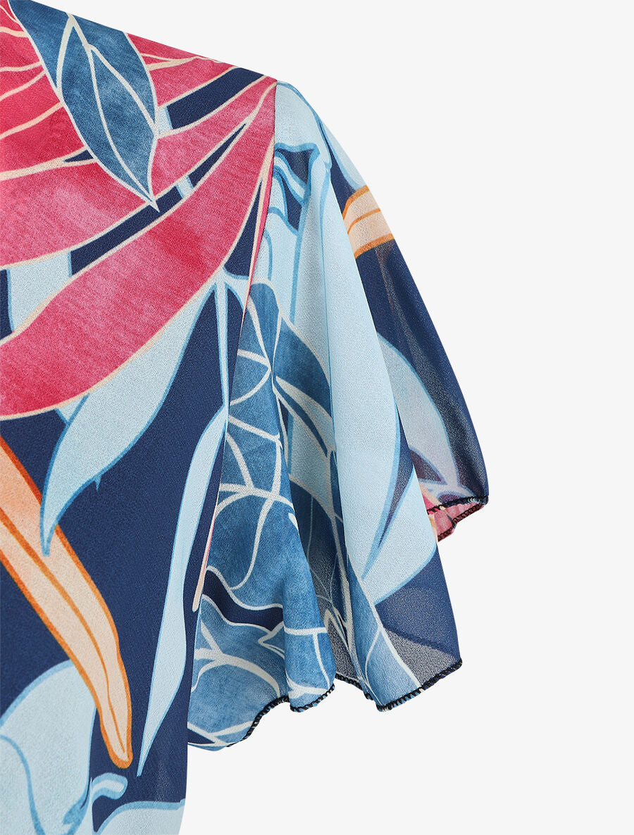 Robe en voile élastiquée à imprimé feuilles - Marine - 3