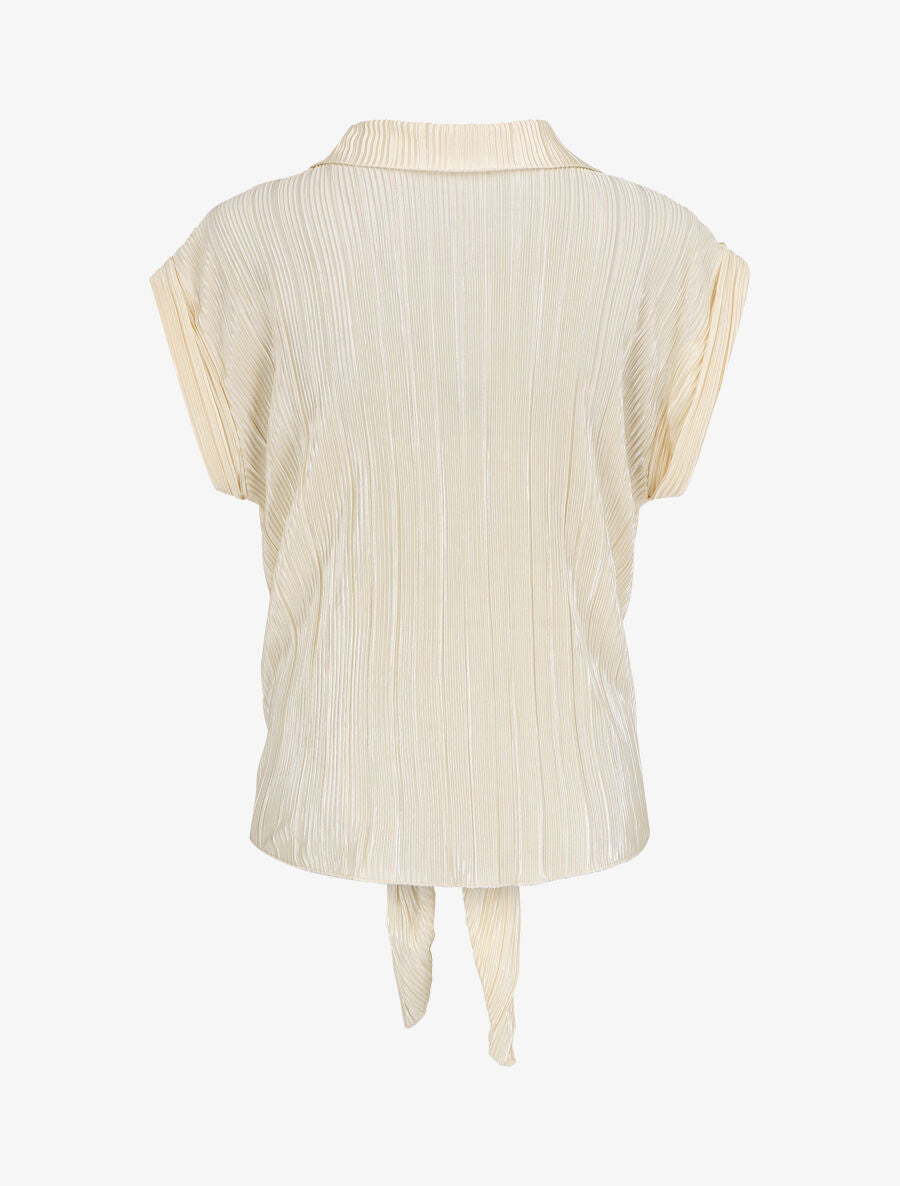 Chemise plissée à noeud et manches courtes - Beige - 2