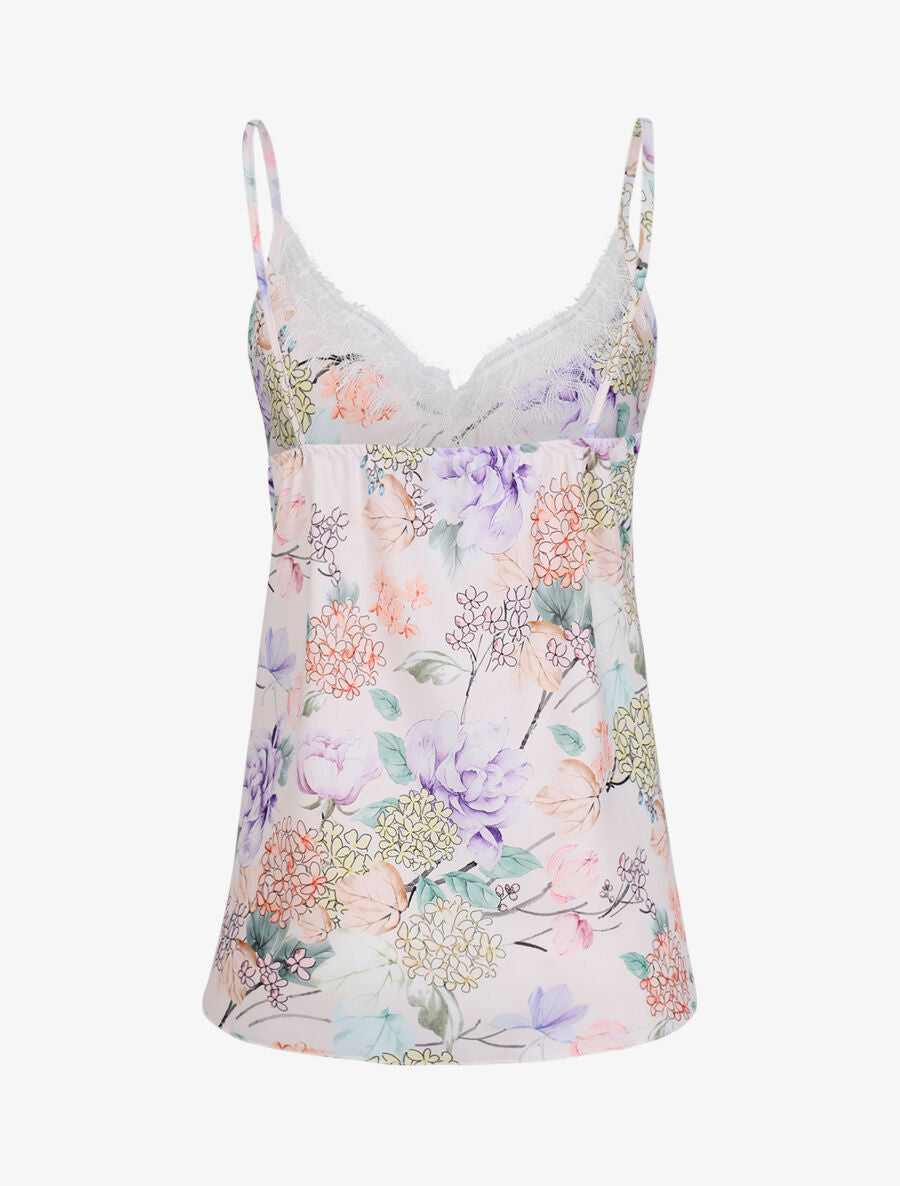 Caraco satiné imprimé hortensias à col en dentelle - Beige - 2