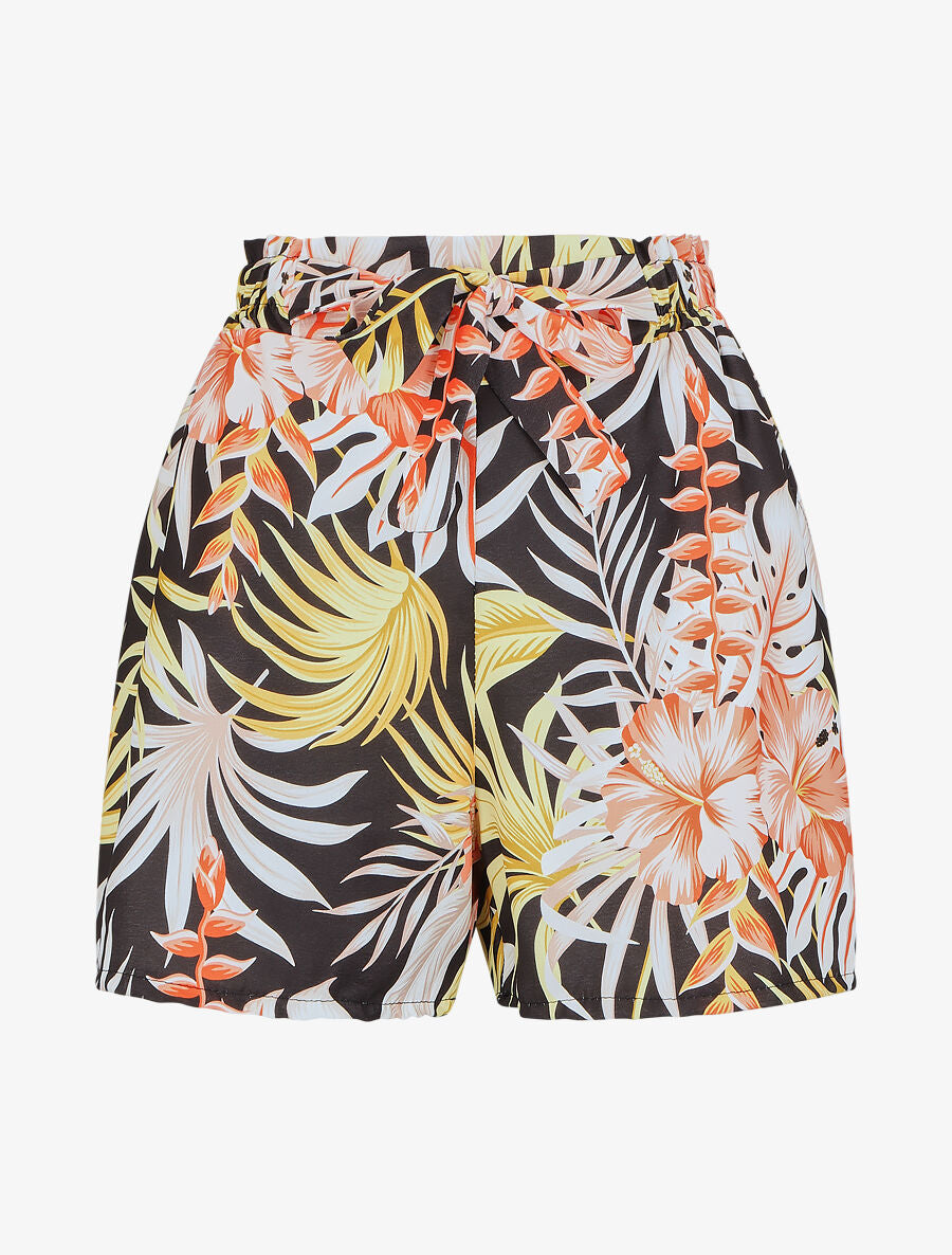 Short évasé taille haute imprimé tropical - Noir - 1