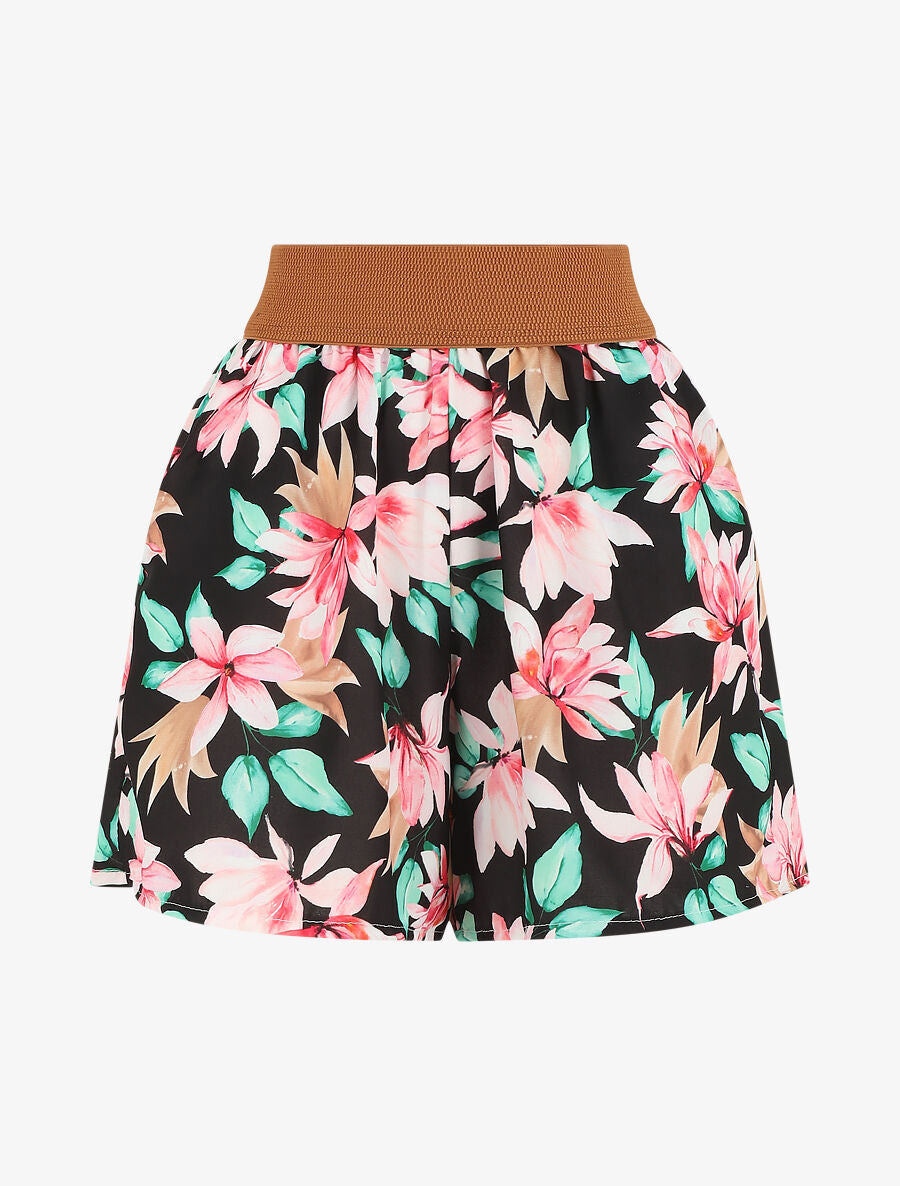 Short imprimé fleurs à taille haute - Noir - 4
