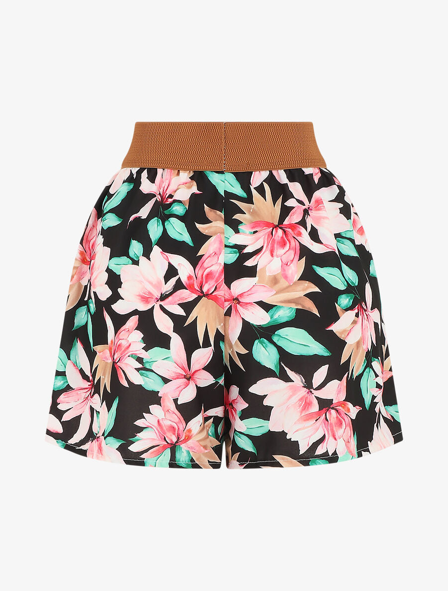 Short imprimé fleurs à taille haute - Noir - 2