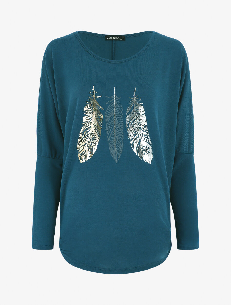 Pull ample à imprimé plumes irisées - Bleu canard - 1