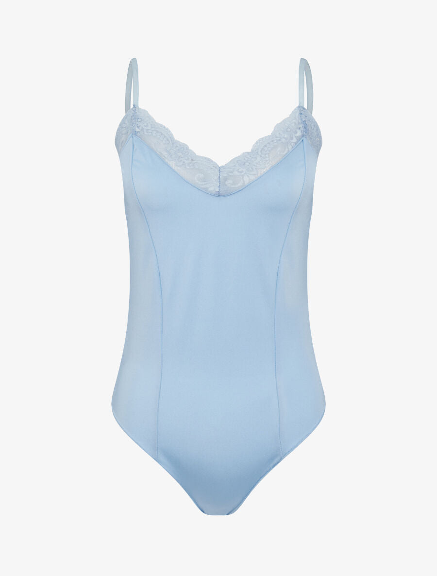 Body satiné à col en dentelle - Bleu ciel - 1