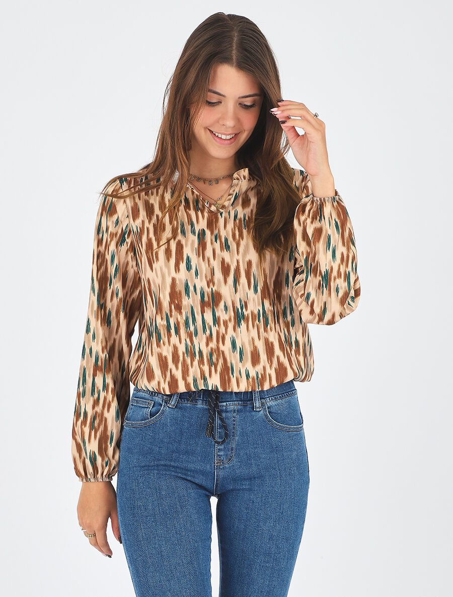 Top col volanté imprimé abstrait - Beige foncé - 4