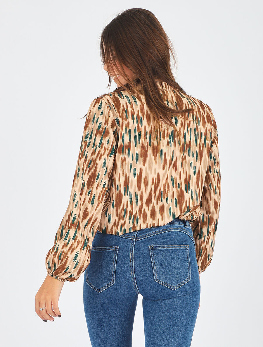 Top col volanté imprimé abstrait - Beige foncé - 5