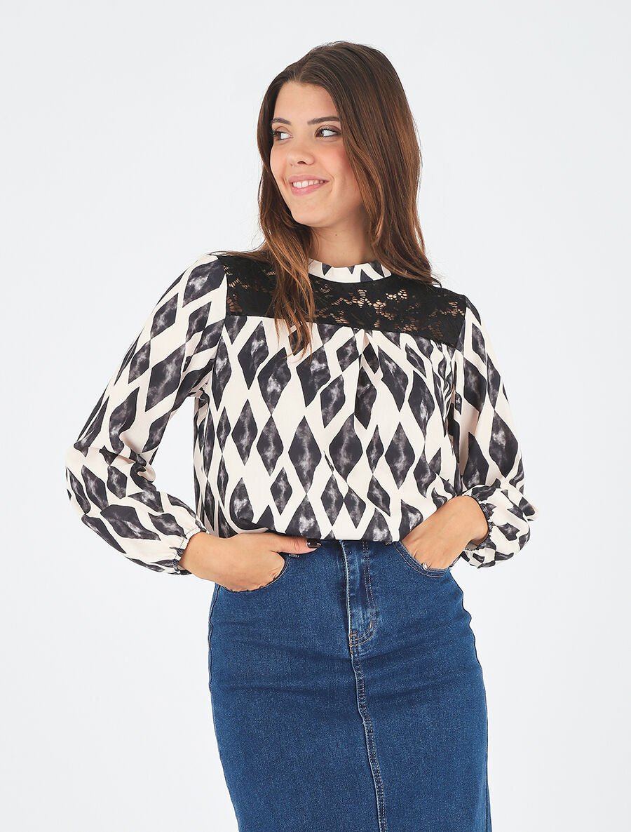 Top imprimé losange et dentelle - Beige - 4