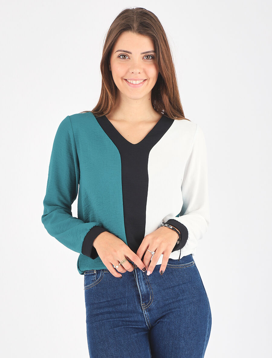 Blouse droite manches longues col V - Blanc/bleu canard - 4
