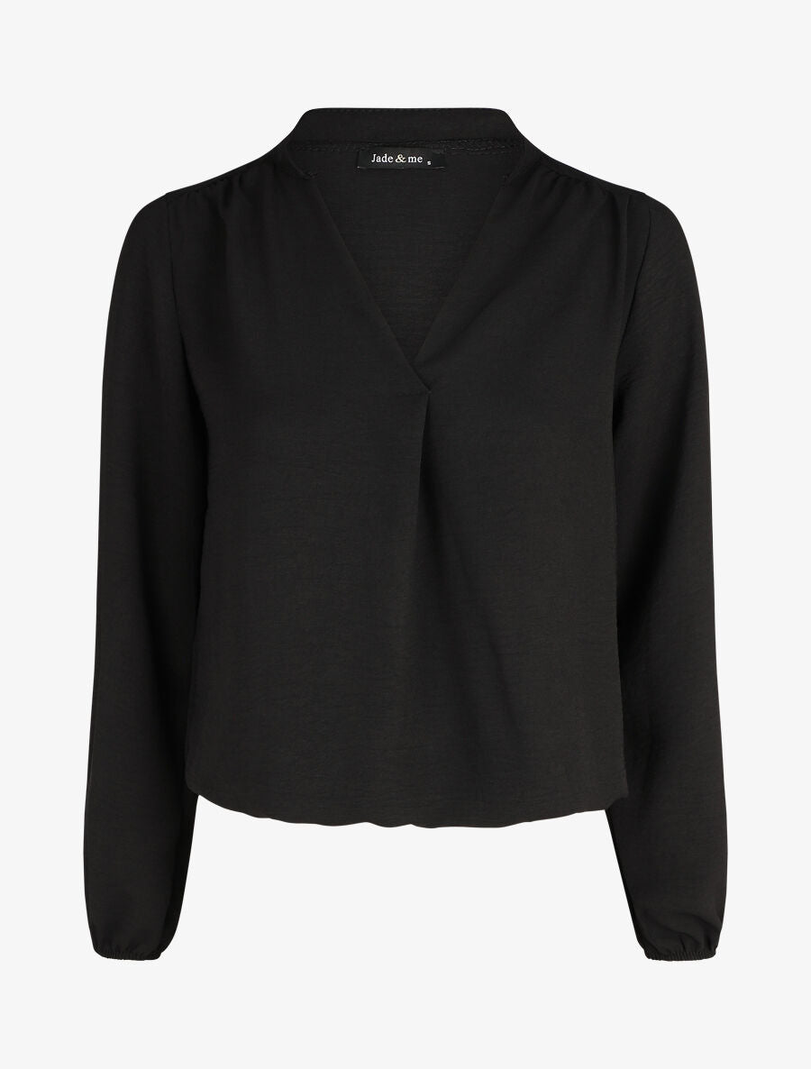 Blouse droite unie à manches longues et col V - Noir - 1
