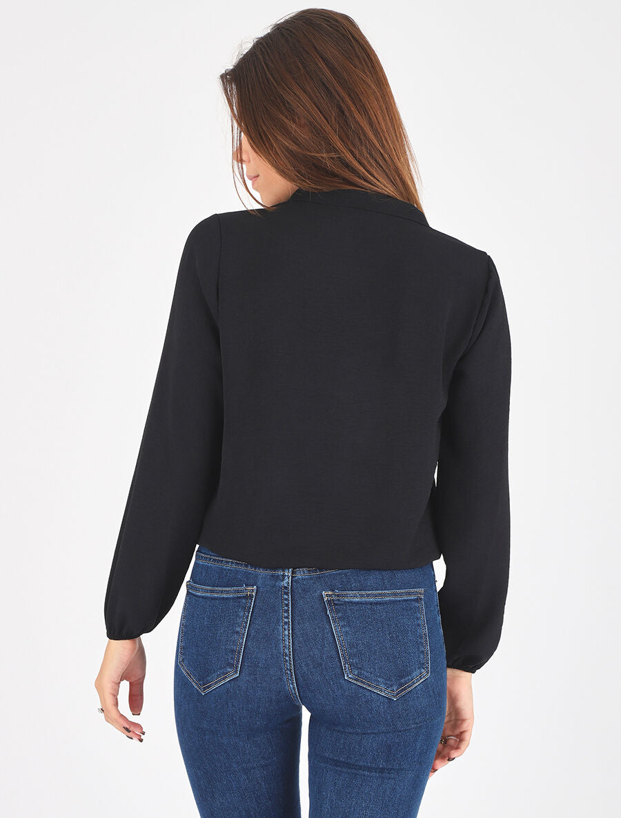 Blouse droite unie à manches longues et col V - Noir - 5