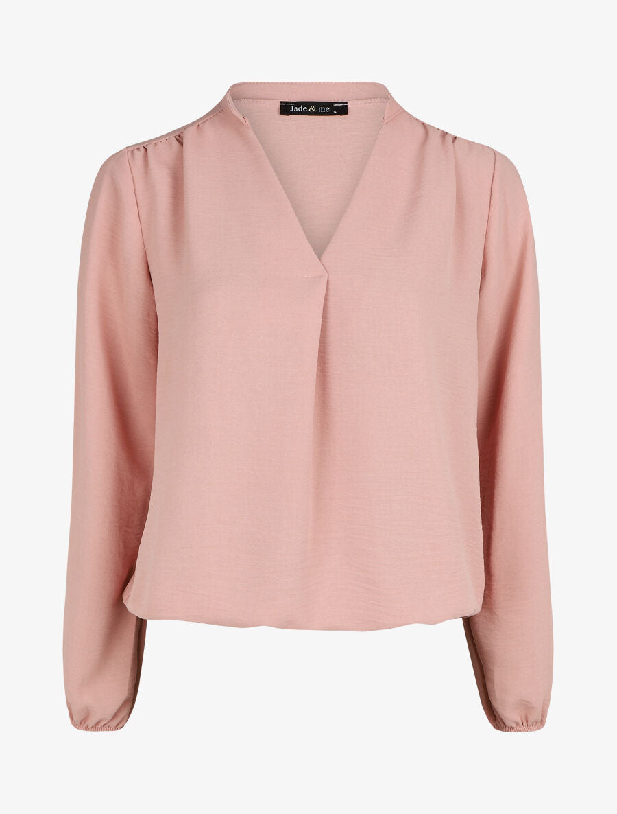 Blouse droite unie à manches longues et col V - Rose - 1