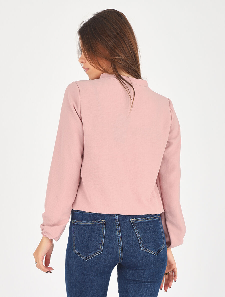 Blouse droite unie à manches longues et col V - Rose - 5