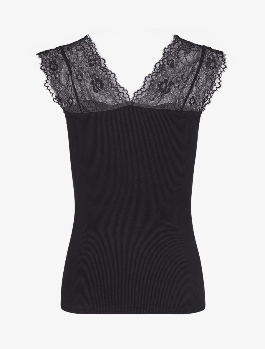 Top côtelé à épaules en dentelle - Noir - 2