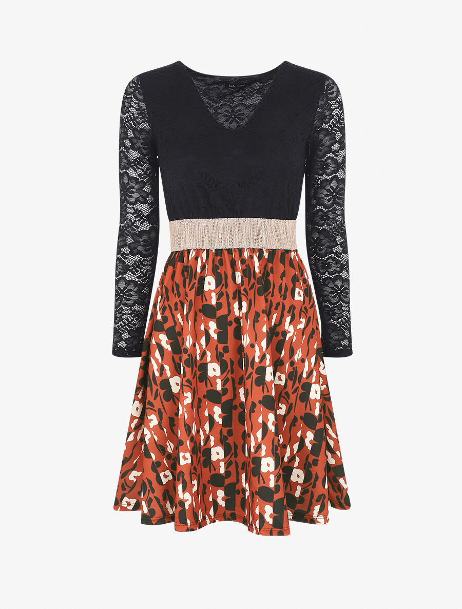 Robe à imprimé fantaisie et dentelle - Rouille - 1