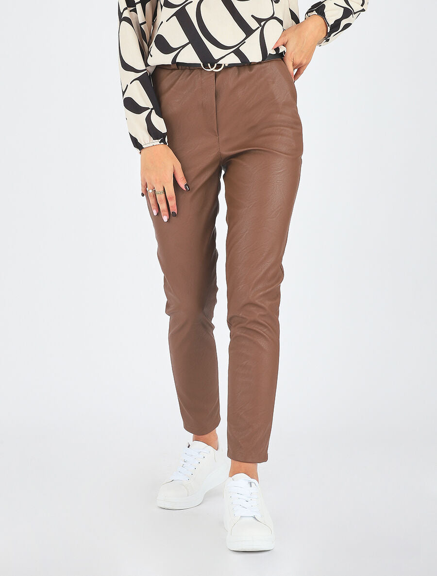 Pantalon uni en simili - Camel - 4