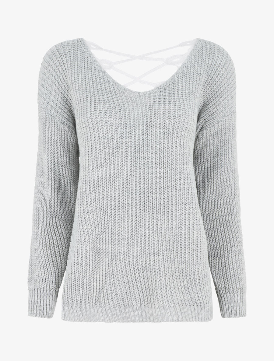 Pull droit col V dos en crochet - Gris clair - 1