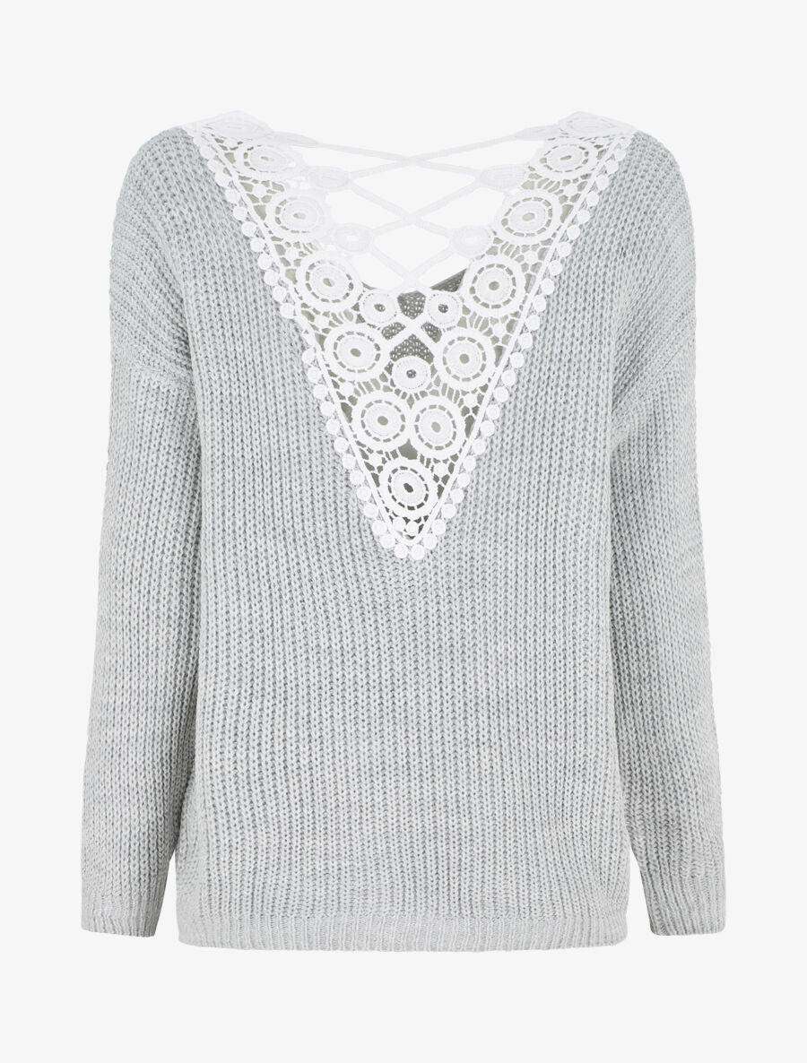 Pull droit col V dos en crochet - Gris clair - 2