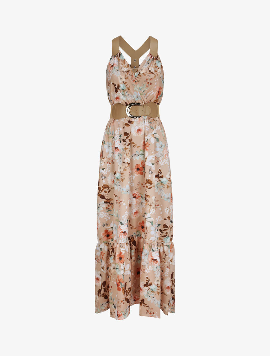 Robe longue coupe patineuse imprimé fleuri à bretelles en simili - Taupe - 5