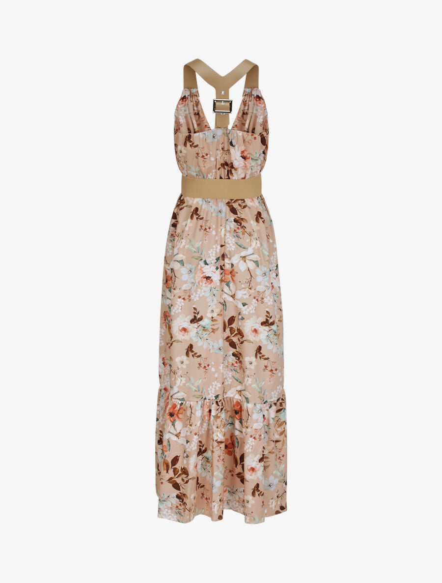 Robe longue coupe patineuse imprimé fleuri à bretelles en simili - Taupe - 2