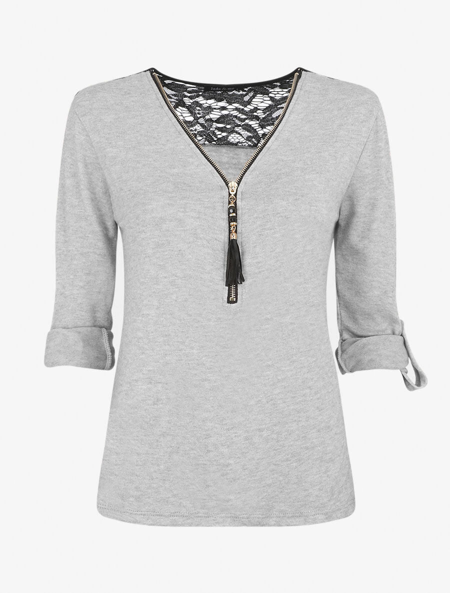 Pull droit uni à zip et dentelle - Gris - 4