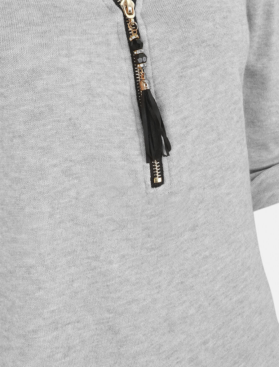 Pull droit uni à zip et dentelle - Gris - 3