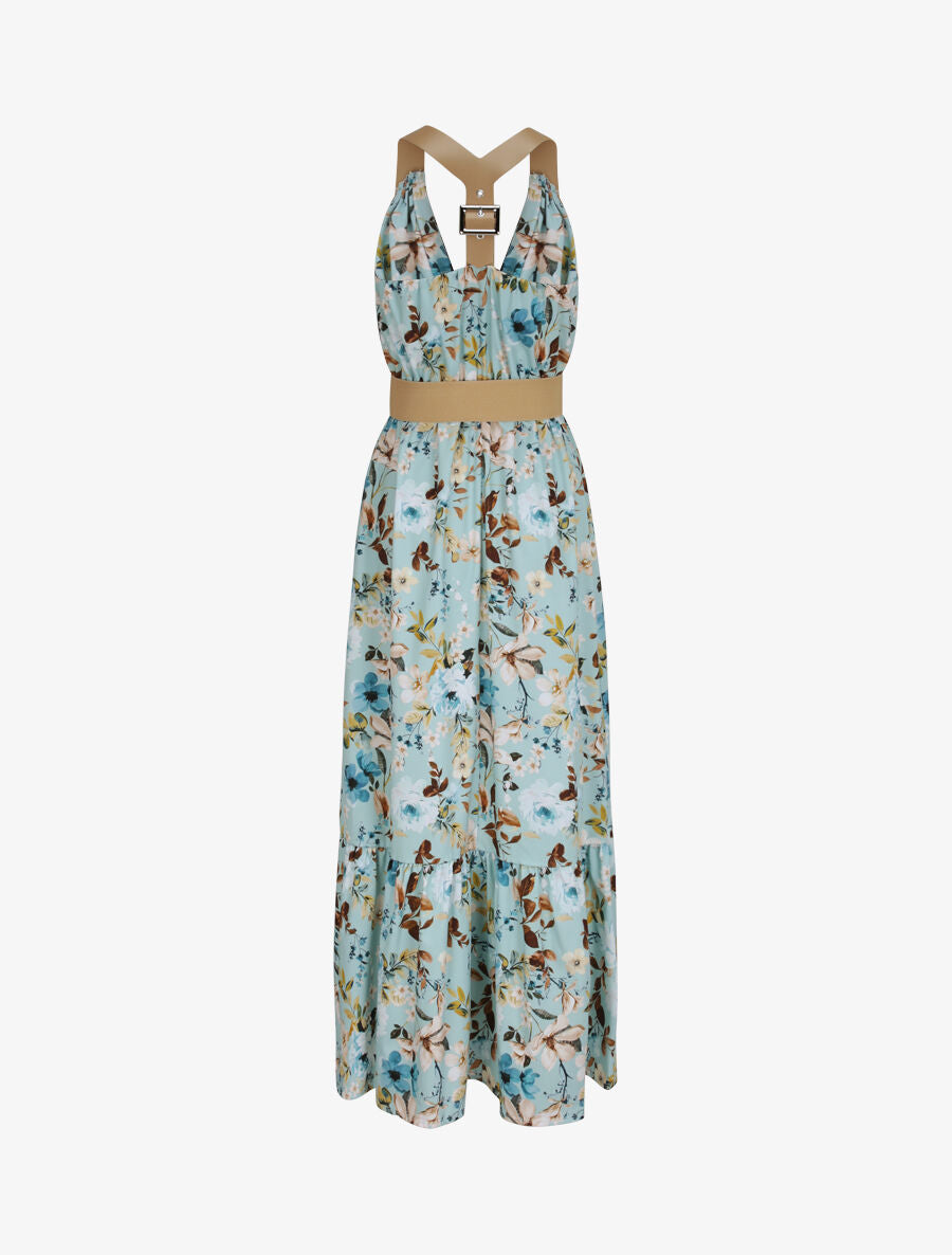 Robe longue coupe patineuse imprimé fleuri à bretelles en simili - Vert d&