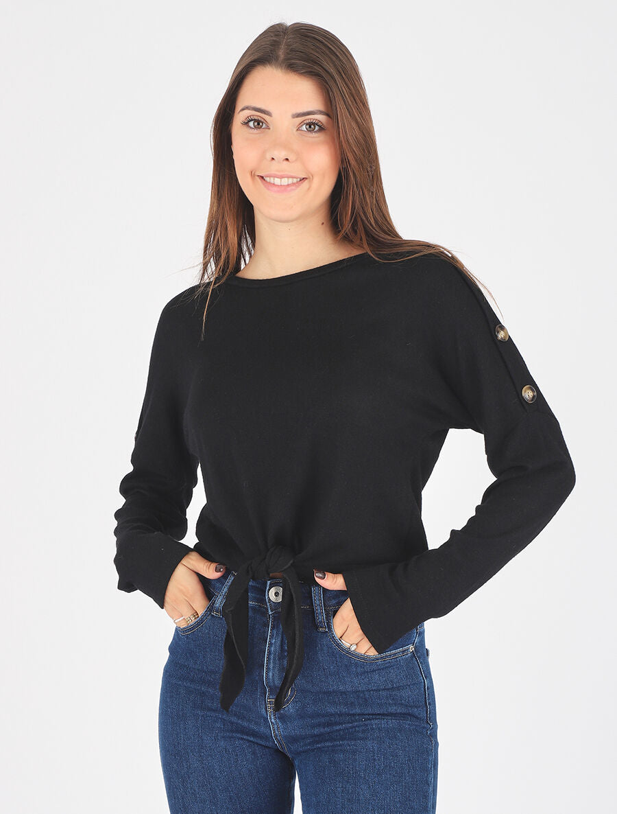 Pull droit uni à noeud et boutons - Noir - 4