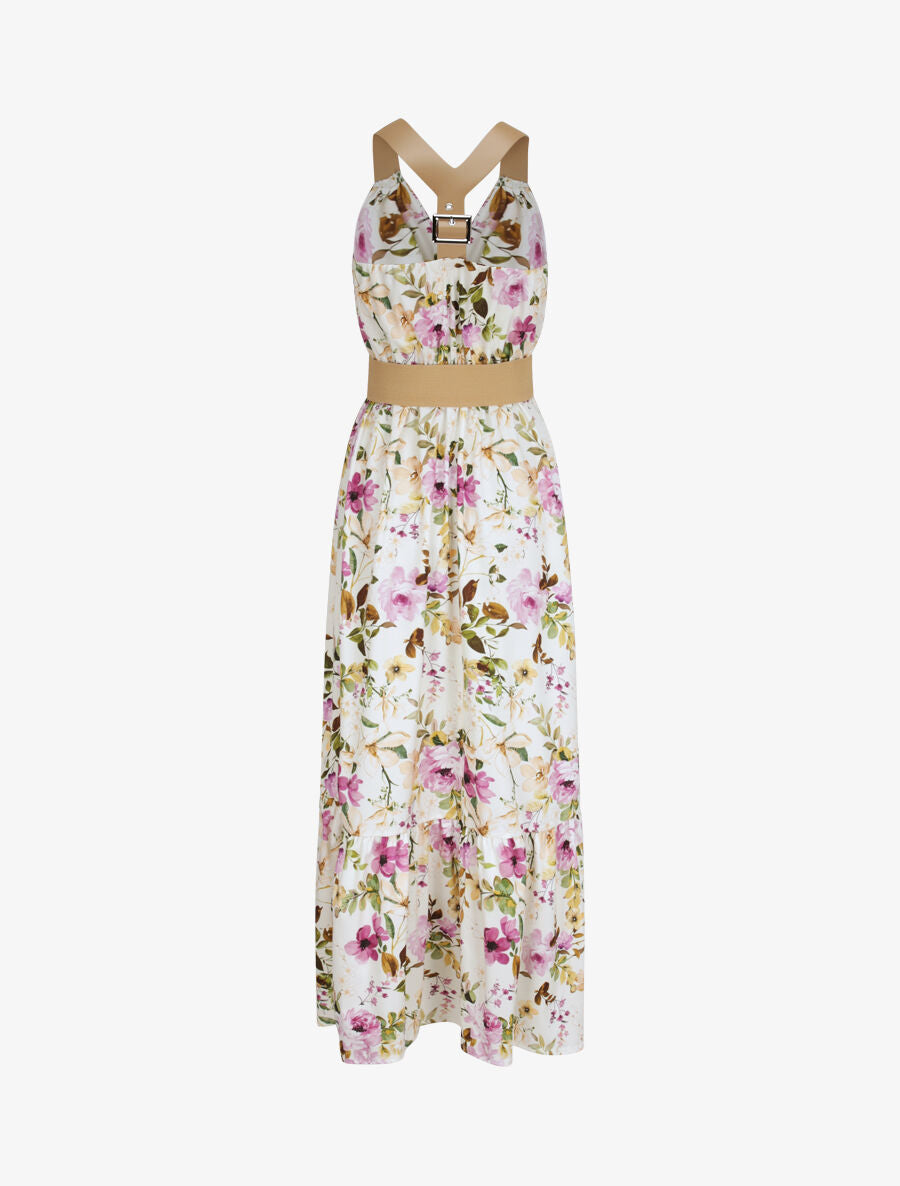 Robe longue coupe patineuse imprimé fleuri à bretelles en simili - Blanc - 2