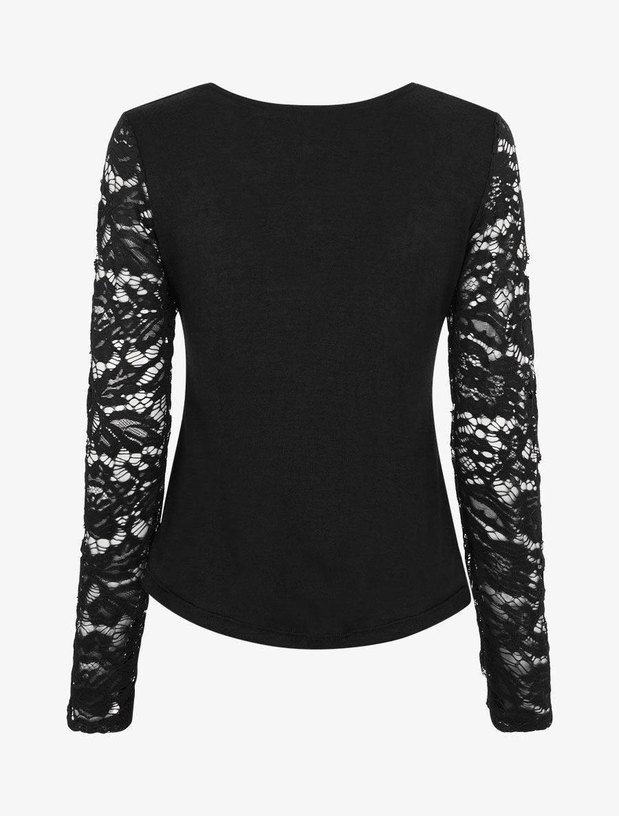 Pull droit uni manches en dentelle - Noir - 2