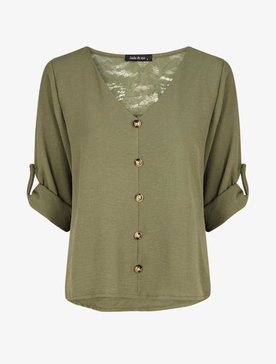 Top droit col V boutonné et dentelle - Kaki - 1