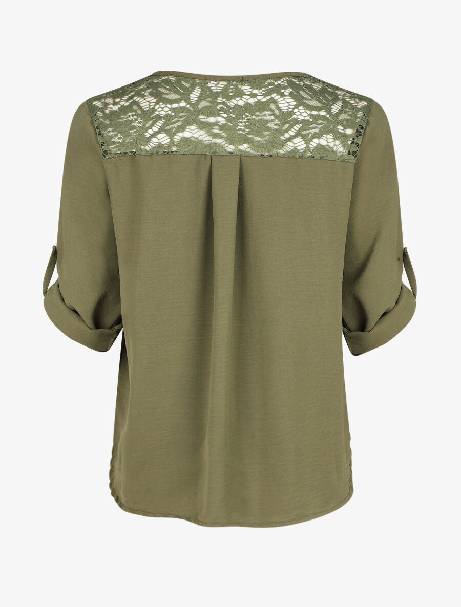 Top droit col V boutonné et dentelle - Kaki - 2
